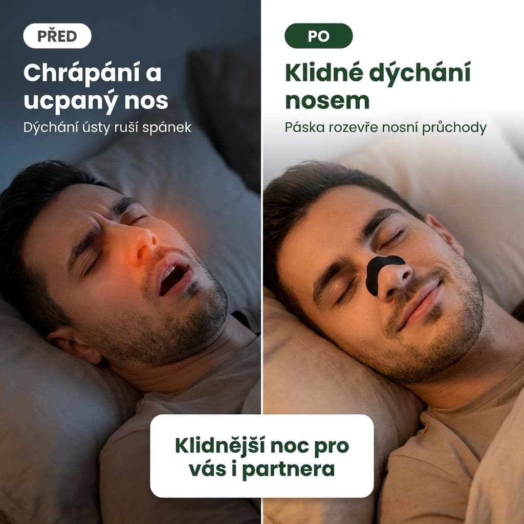 Náplast proti chrápání před a po – klidné dýchání nosem místo chrápání